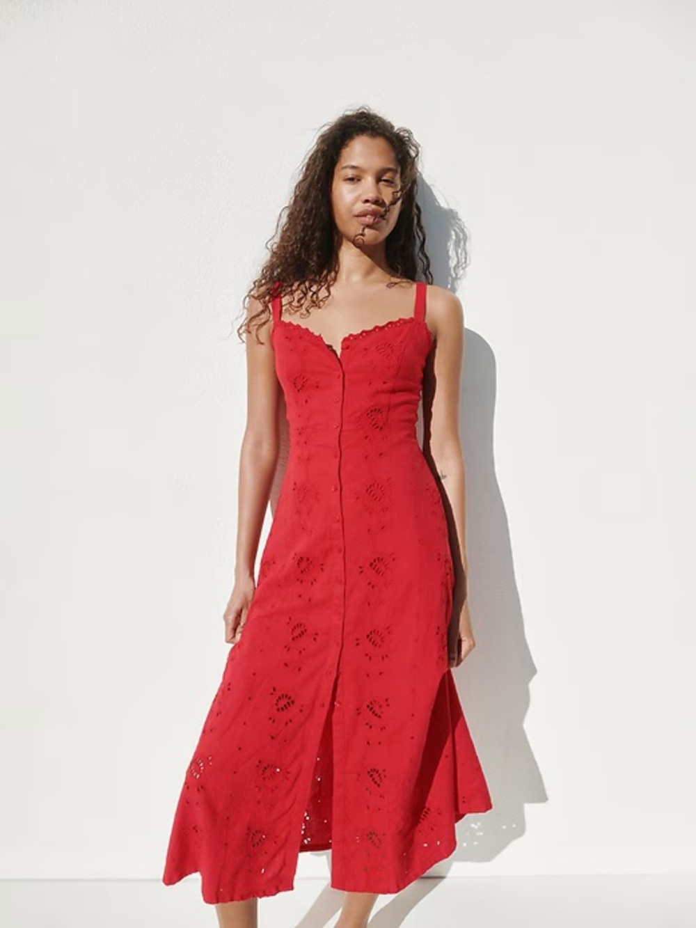 Gap Linen-Blend Embroidered Button-Front Cami Maxi Dress | Red | XS